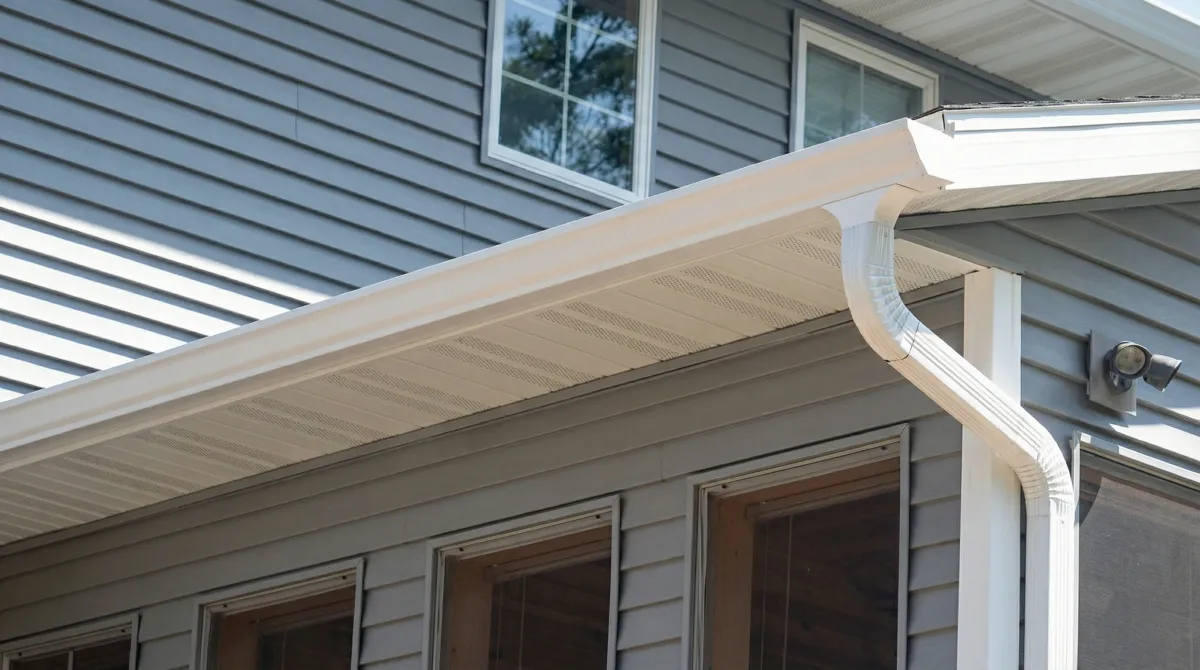 Professional home remodeling project showing newly installed white seamless gutters and downspouts on a house with gray siding in Kansas City, KS