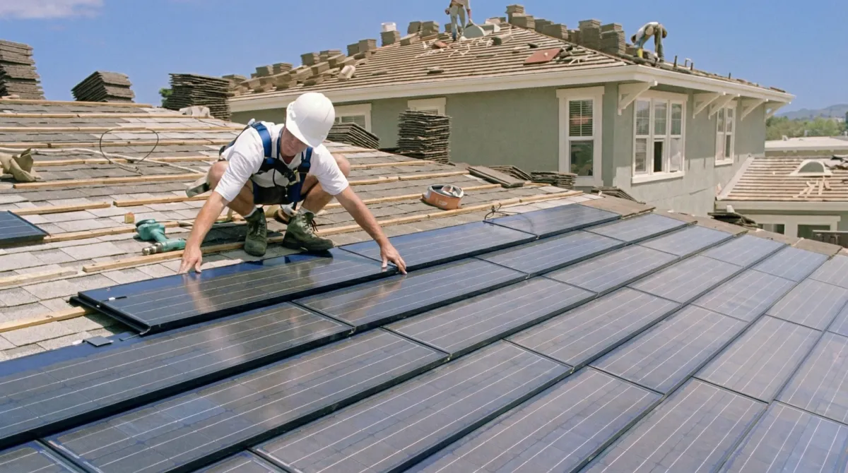Roof replacement expert installing modern solar shingles on a residential home in Kansas City, KS