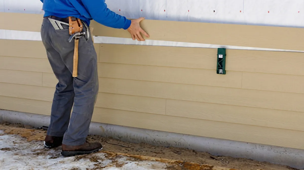 Siding replacement expert carefully aligning a new tan siding panel onto a residential exterior wall in Kansas City, KS