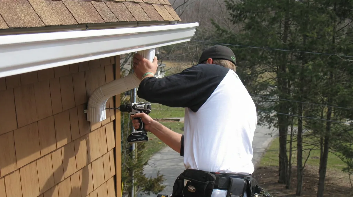 Professional contractor installing tan vinyl siding panels on a residential home exterior in Kansas City, KS
