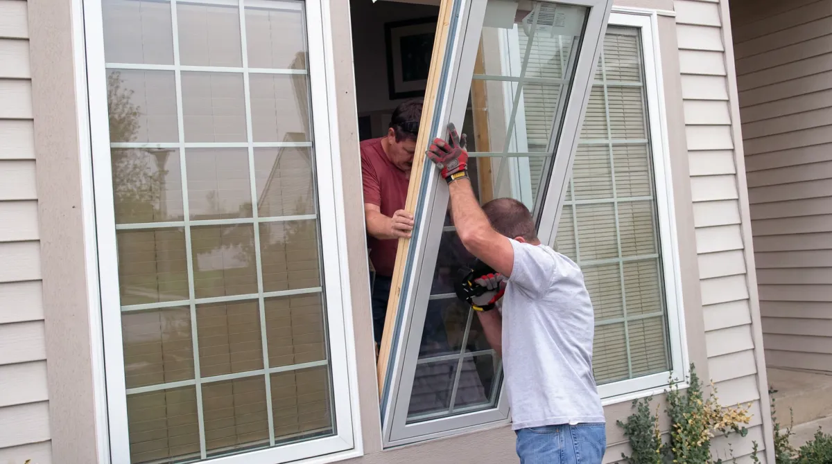 Professional home remodeling team installing a large replacement window on a house with tan siding in Kansas City, KS